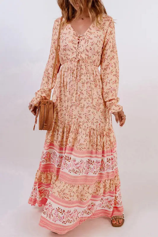 Orange drawstring lace-up v neck long sleeve floral maxi dress - s / 100% viscose - dresses