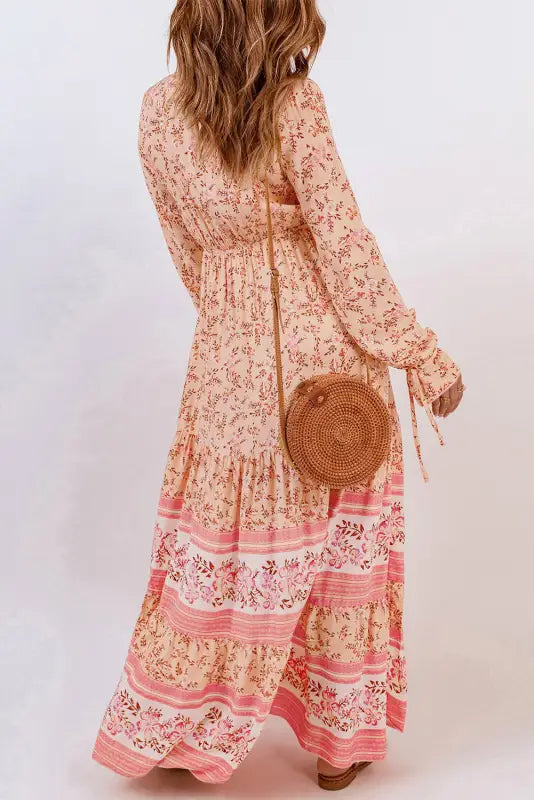 Orange drawstring lace-up v neck long sleeve floral maxi dress - dresses