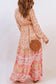 Orange drawstring lace-up v neck long sleeve floral maxi dress - dresses