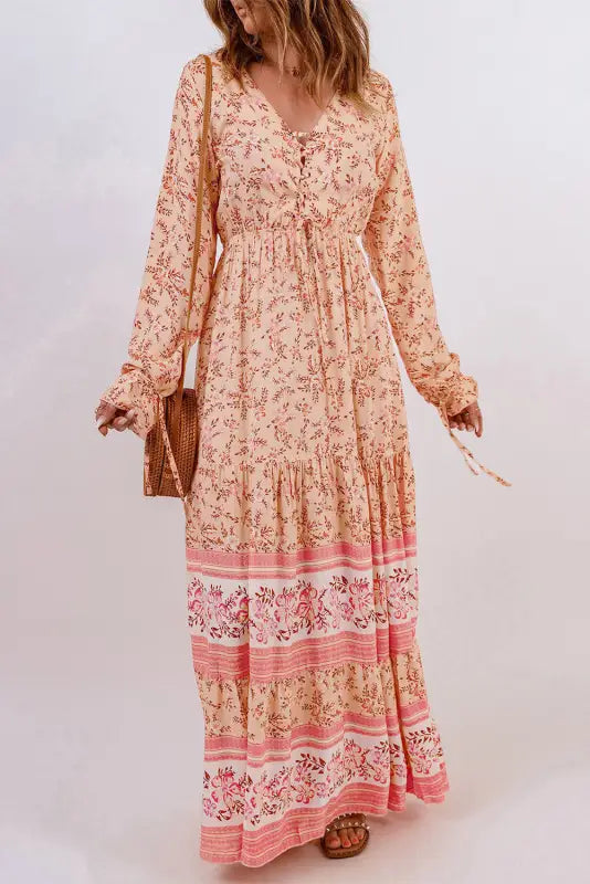 Orange drawstring lace-up v neck long sleeve floral maxi dress - dresses