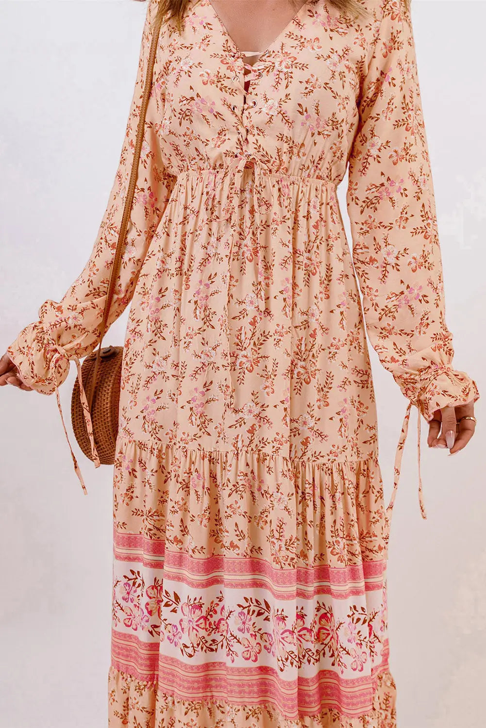 Orange drawstring lace-up v neck long sleeve floral maxi dress - dresses