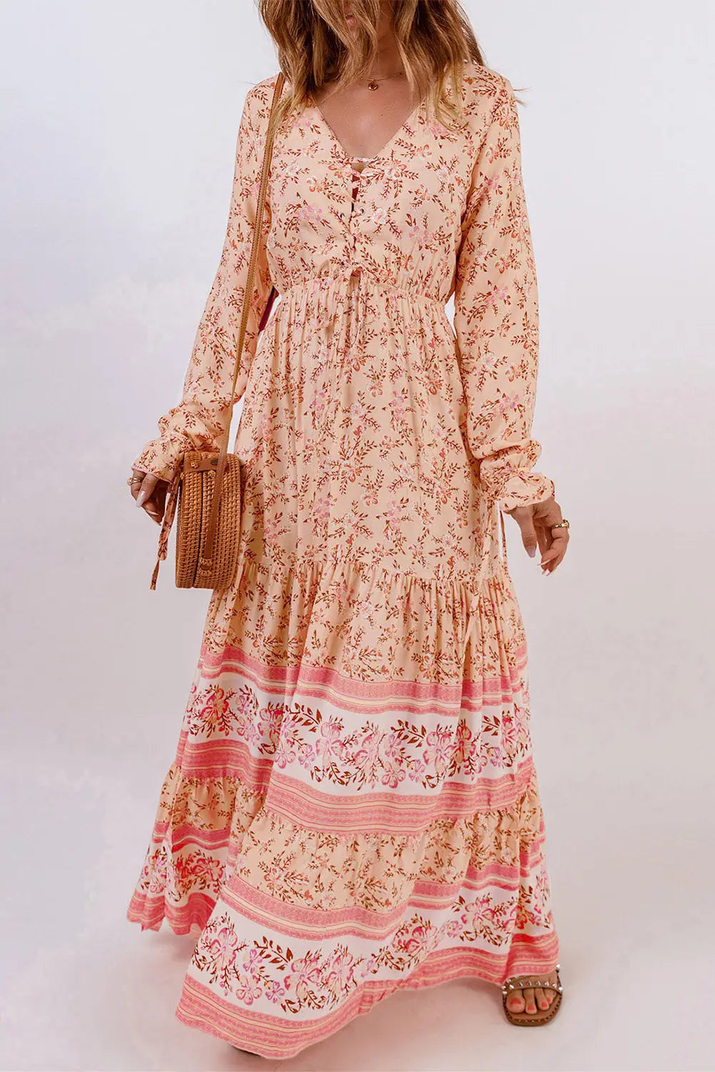 Orange drawstring lace-up v neck long sleeve floral maxi dress - s / 100% viscose - dresses