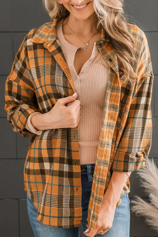 Orange drop shoulder rounded hem plaid pattern shirt - tops