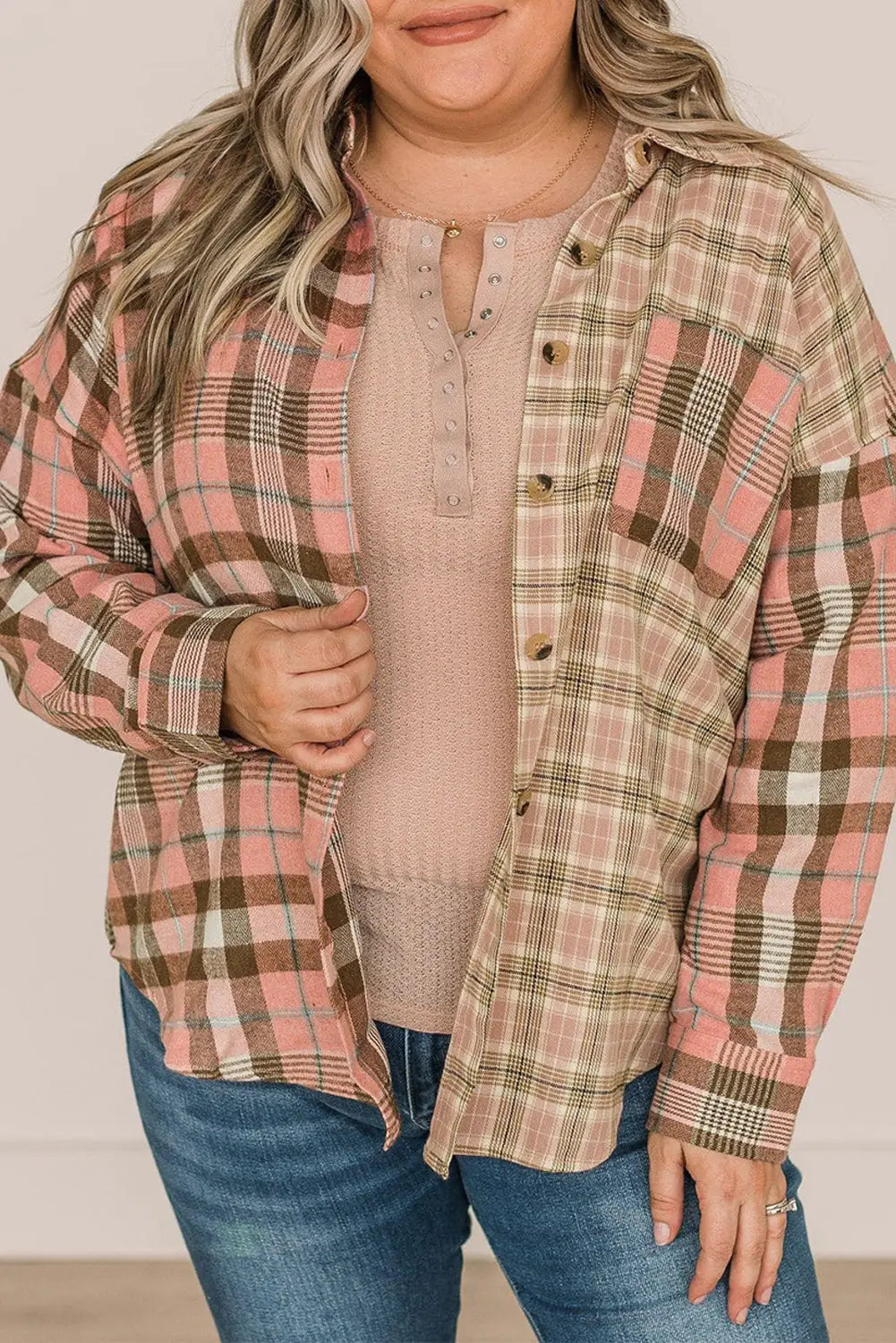 Orange drop shoulder rounded hem plaid pattern shirt - pink / 1x / 65% polyester + 35% cotton - tops