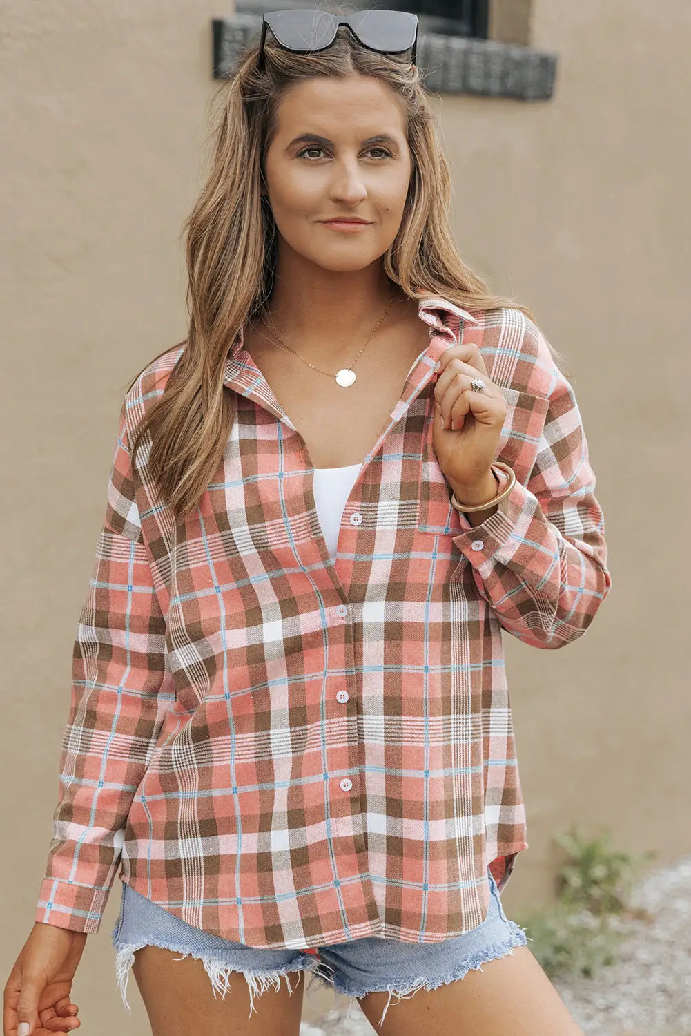 Orange drop shoulder rounded hem plaid pattern shirt - pink / s / 65% polyester + 35% cotton - tops