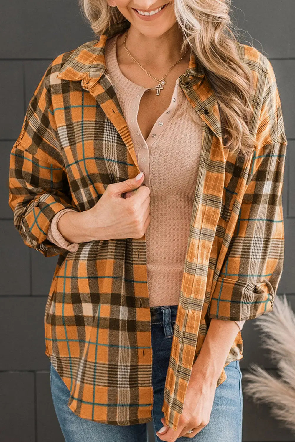 Orange drop shoulder rounded hem plaid pattern shirt - s / 65% polyester + 35% cotton - tops