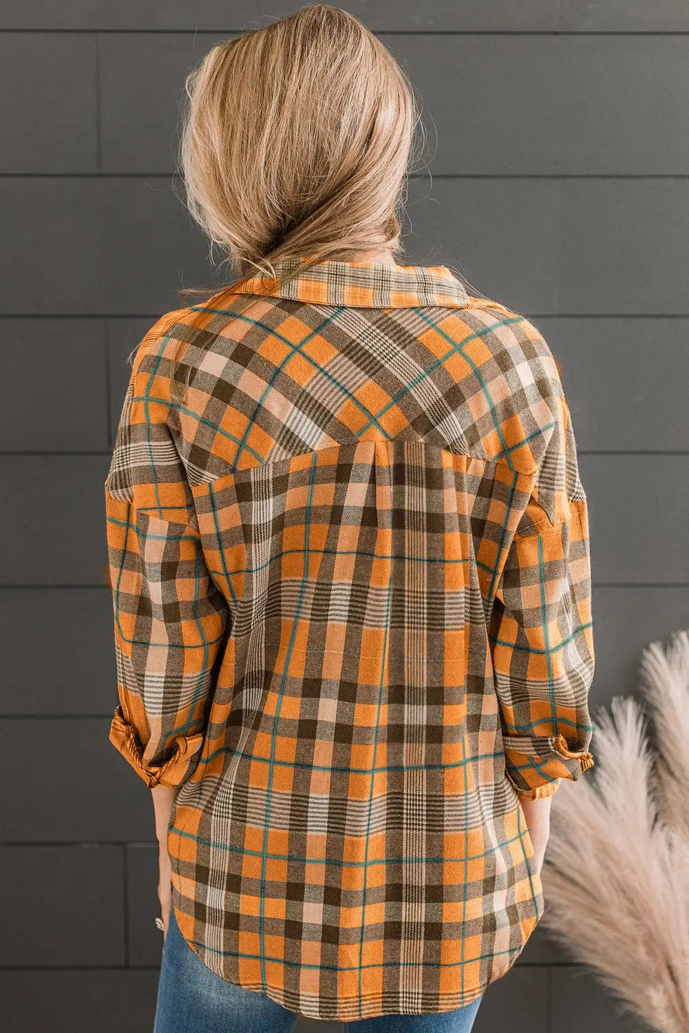 Orange drop shoulder rounded hem plaid pattern shirt - tops