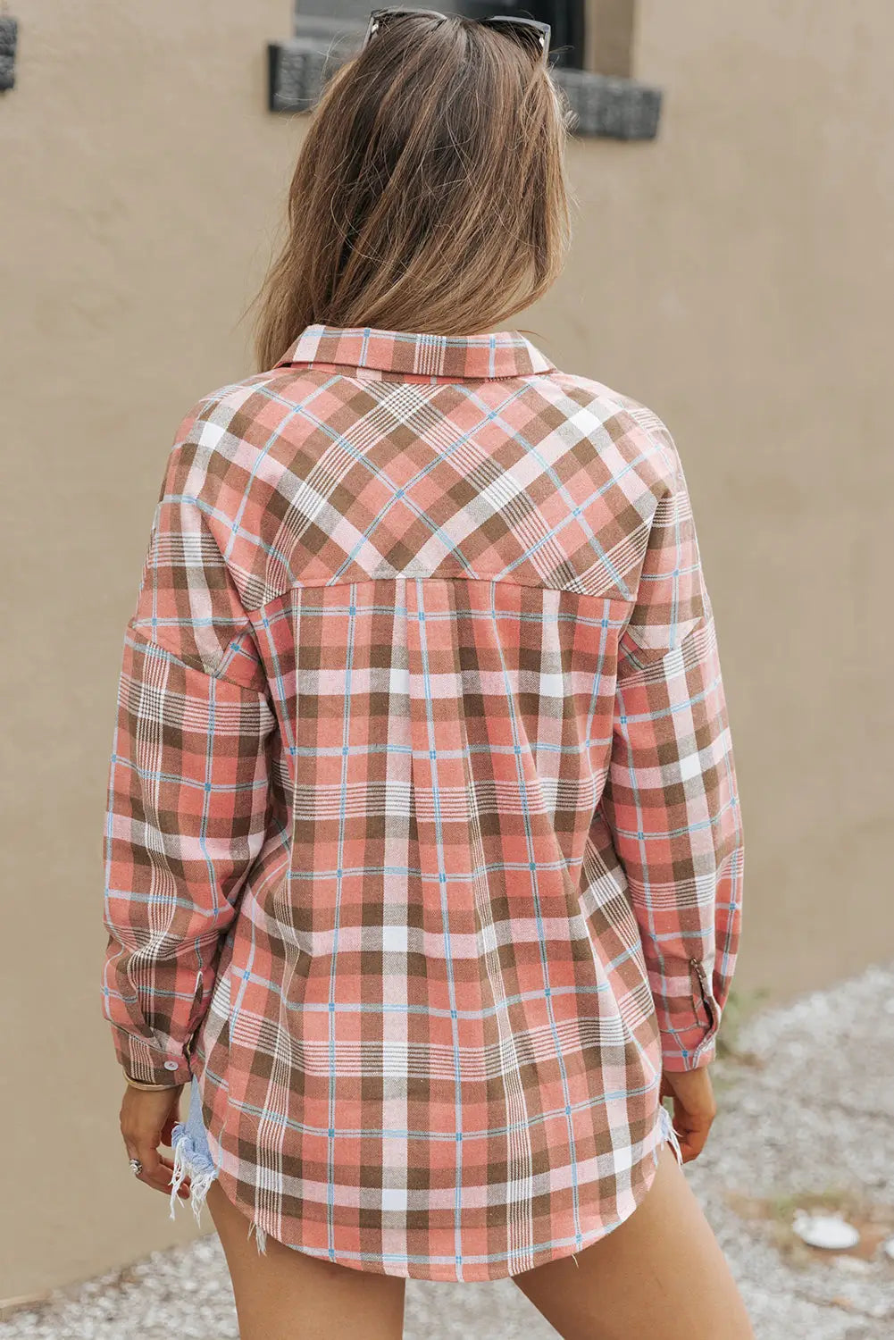 Orange drop shoulder rounded hem plaid pattern shirt - tops