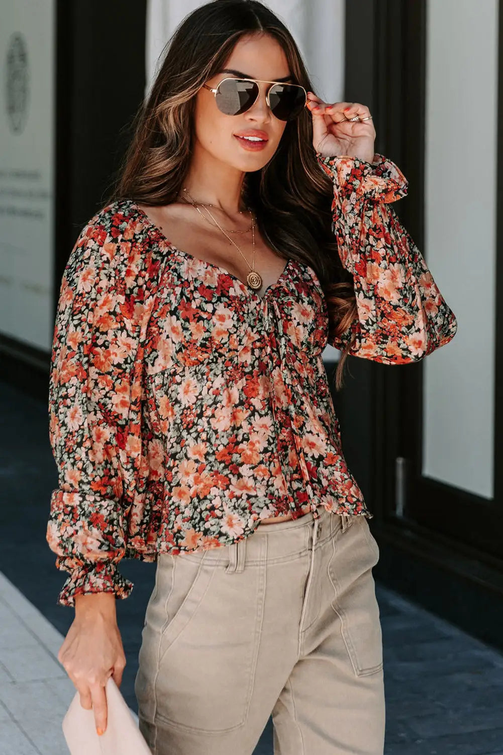 Orange floral flounce sleeve front tie sweetheart neck blouse - tops