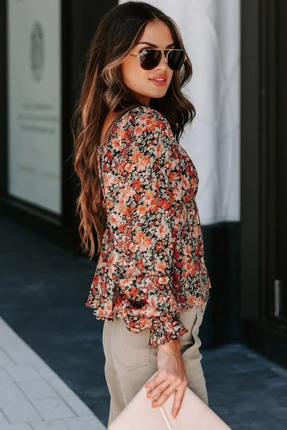 Orange floral flounce sleeve front tie sweetheart neck blouse - tops
