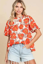 Orange Floral Loose Blouse - Fashionfitz