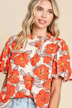 Orange Floral Loose Blouse - Fashionfitz