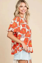 Orange Floral Loose Blouse - Fashionfitz