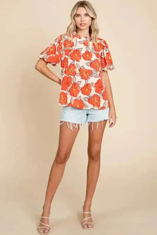 Orange Floral Loose Blouse - Fashionfitz