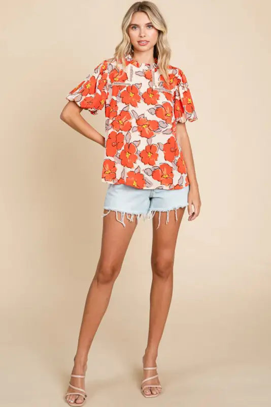 Orange floral loose blouse - tops/blouses & shirts