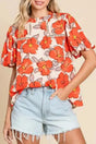 Orange Floral Loose Fit Blouse Women UK — front view showing vivid orange floral print and stand frilled collar — Fashionfitz