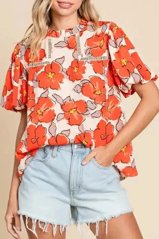 Orange Floral Loose Fit Blouse Women UK — front view showing vivid orange floral print and stand frilled collar — Fashionfitz