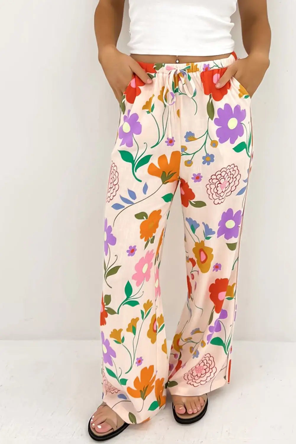 Orange floral loose pants - s / 100% polyester - trousers