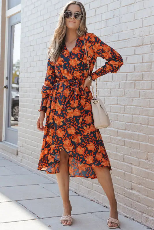 Orange floral print faux wrap belted dress | fashionfitz