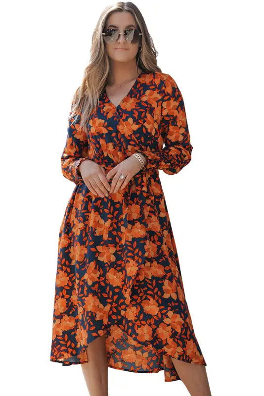 Orange floral print faux wrap belted dress | fashionfitz