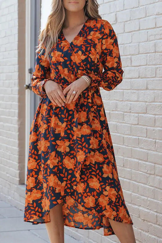 Orange floral print faux wrap belted dress | fashionfitz