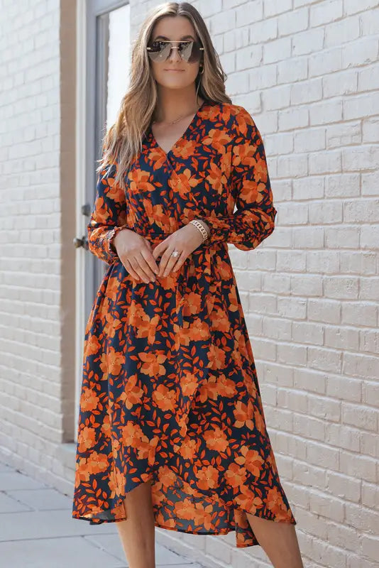 Orange floral print faux wrap belted dress | fashionfitz