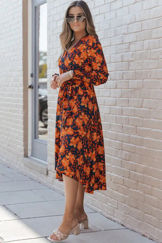 Orange floral print faux wrap belted dress | fashionfitz