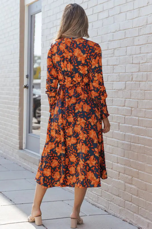 Orange floral print faux wrap belted dress | fashionfitz