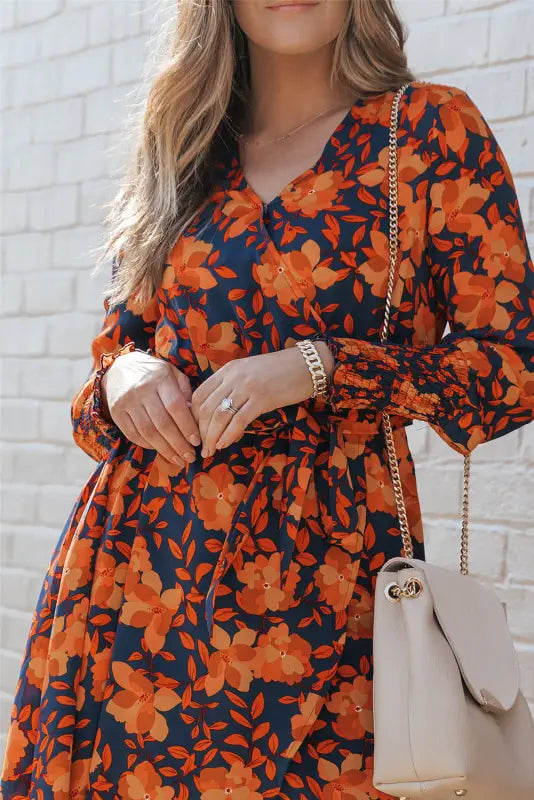 Orange floral print faux wrap belted dress | fashionfitz