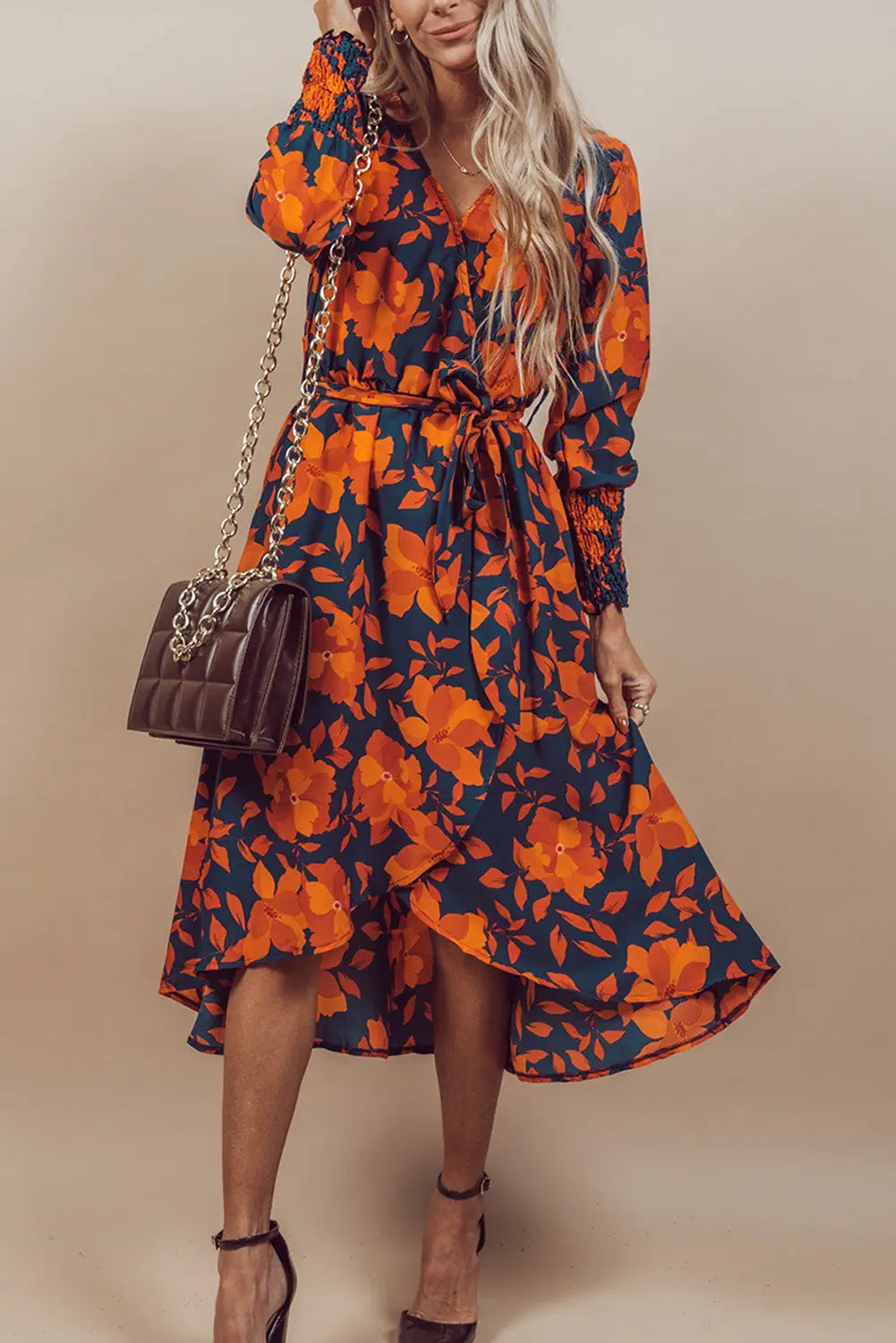 Orange floral print faux wrap belted dress - s / 100% polyester - dresses