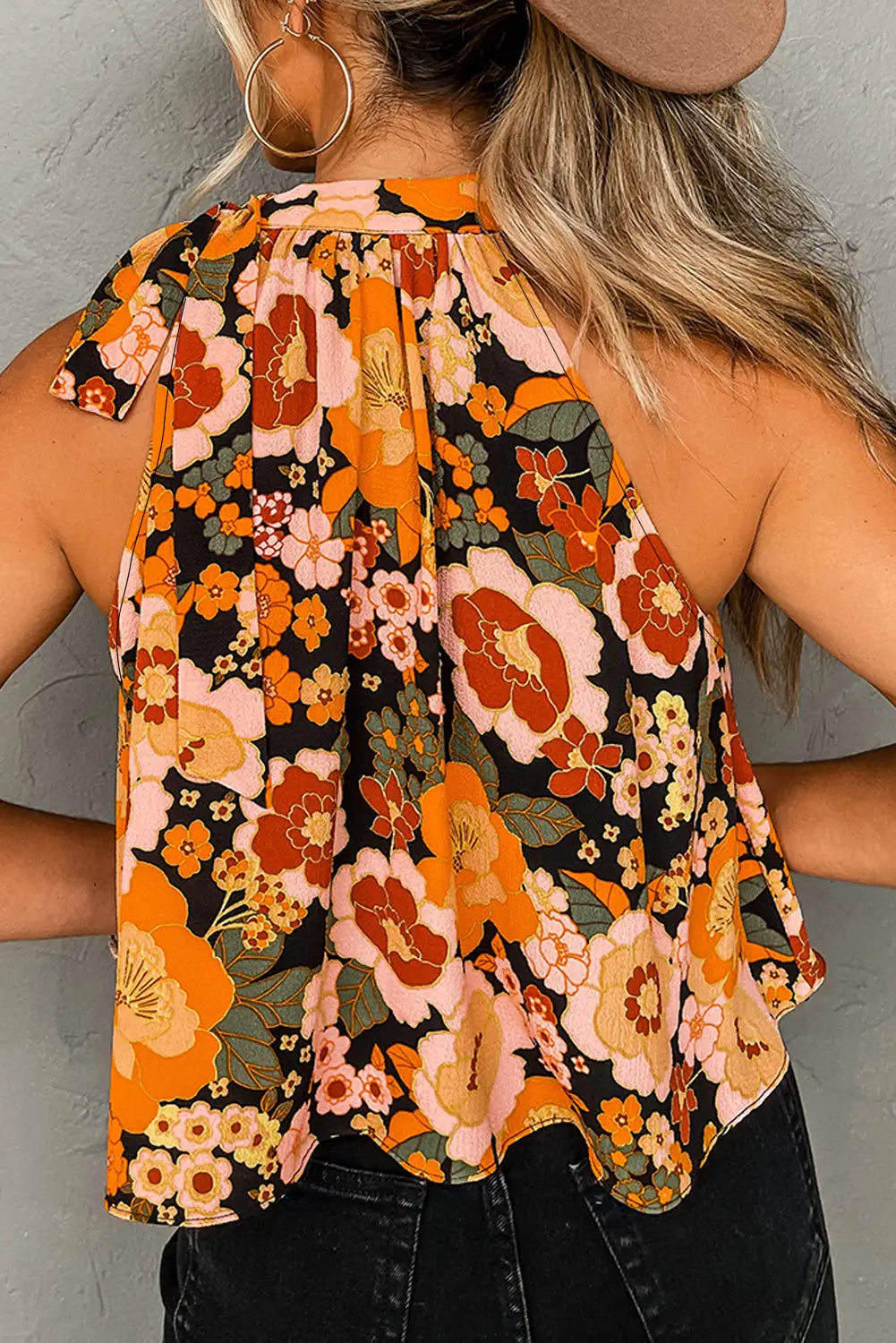 Orange floral print knotted halter neck sleeveless top - tank tops