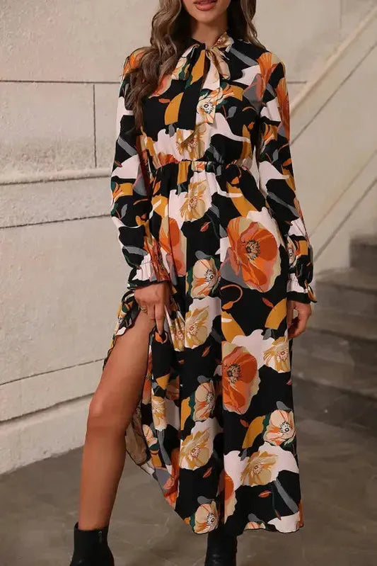 Orange Floral Print Tie Neck Long Sleeve Dress - Fashionfitz