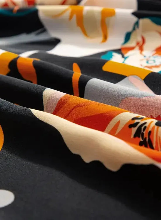 Orange Floral Print Tie Neck Long Sleeve Dress - Fashionfitz