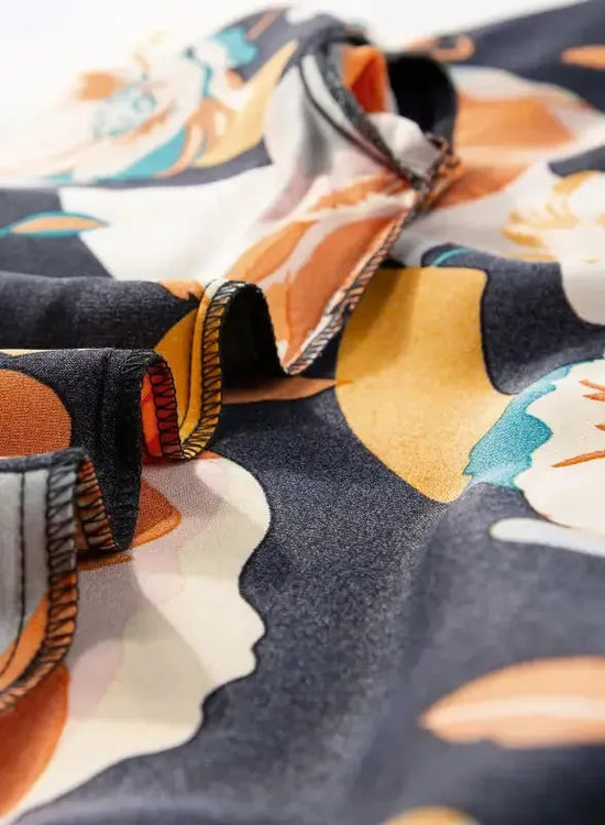 Orange Floral Print Tie Neck Long Sleeve Dress - Fashionfitz