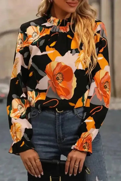 Orange Floral Print Tie Neck Long Sleeve Dress - Fashionfitz