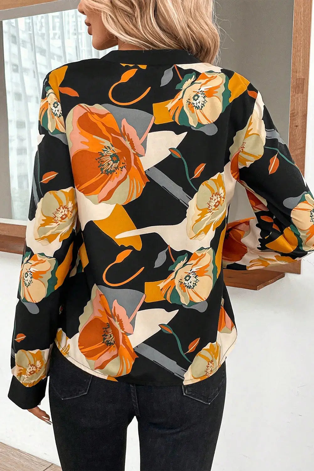 Orange floral print tie neck long sleeve dress - dresses
