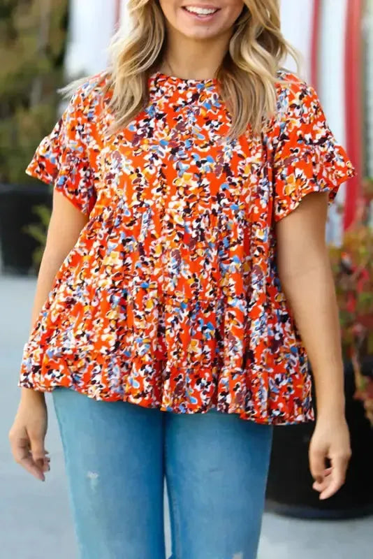 Orange Floral Printed Ruffle Sleeve Curvy Baby-doll Blouse - Fashionfitz