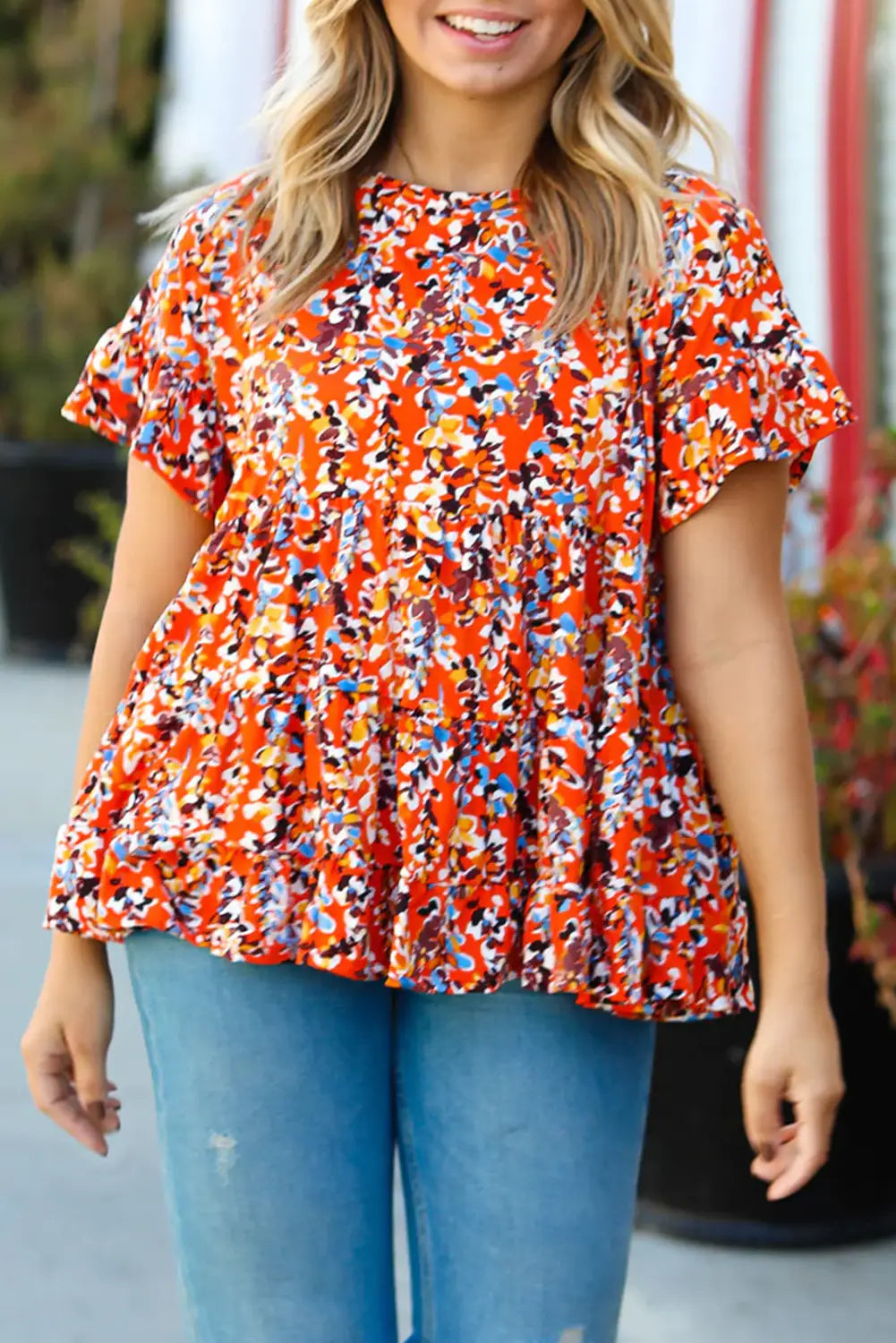 Orange floral printed ruffle sleeve curvy baby-doll blouse - 1x / 100% polyester - plus size