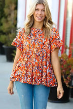 Orange Floral Printed Ruffle Sleeve Curvy Baby-doll Blouse - Fashionfitz