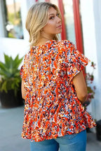 Orange Floral Printed Ruffle Sleeve Curvy Baby-doll Blouse - Fashionfitz