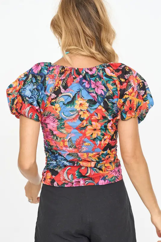 Orange floral print puff sleeve v neck blouse - blouses & shirts