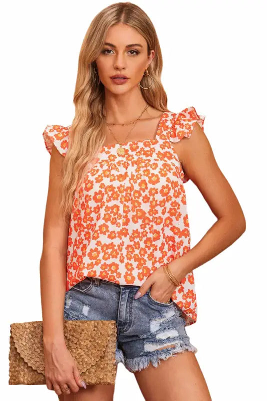 Orange floral ruffle tank top - tops