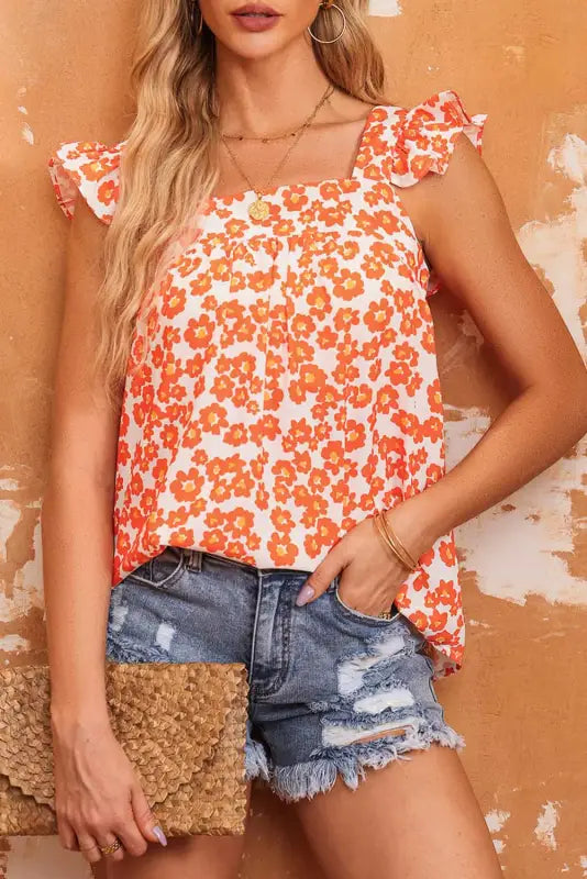 Orange floral ruffle tank top - tops