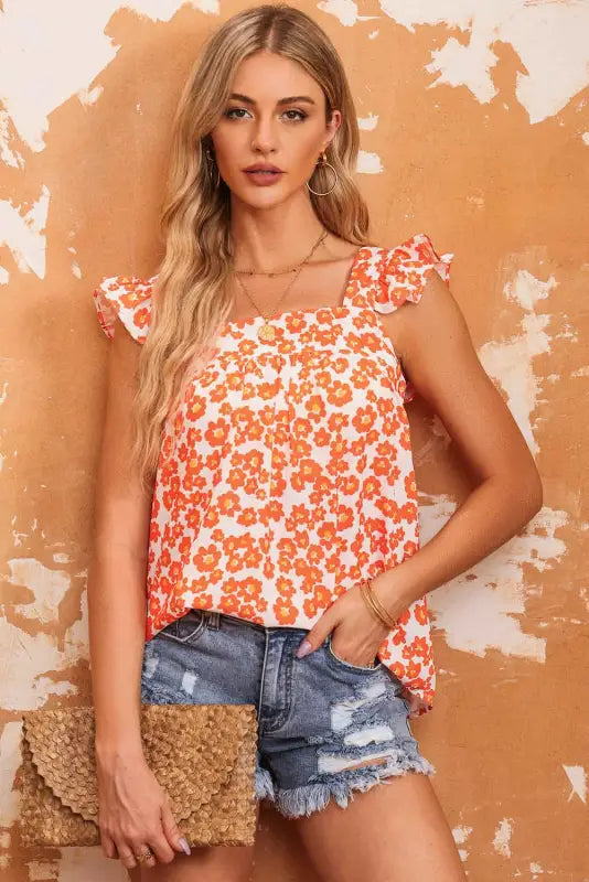 Orange floral ruffle tank top - s / 100% polyester - tops