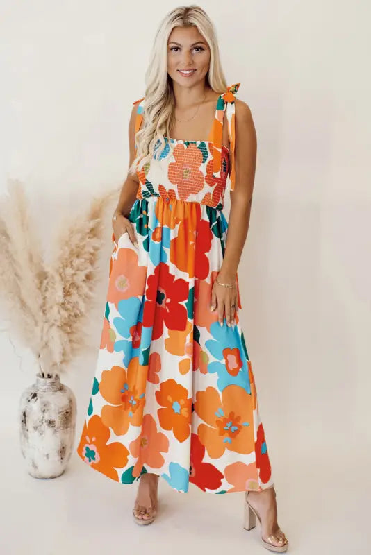 Orange floral self tied straps smocked bust maxi dress - dresses