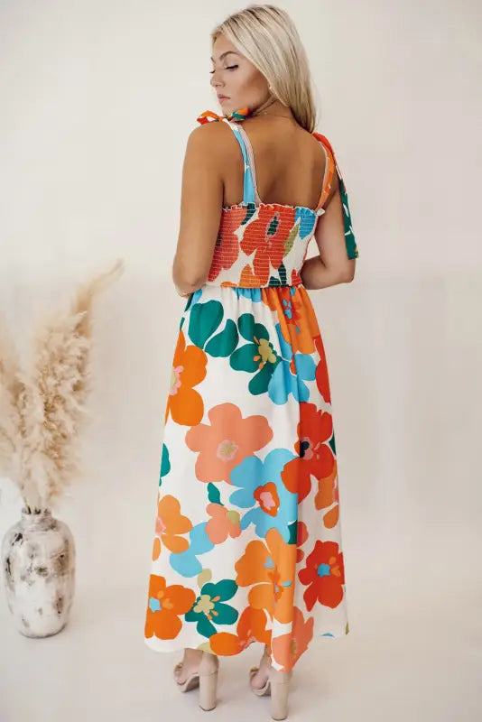 Orange floral self tied straps smocked bust maxi dress - dresses