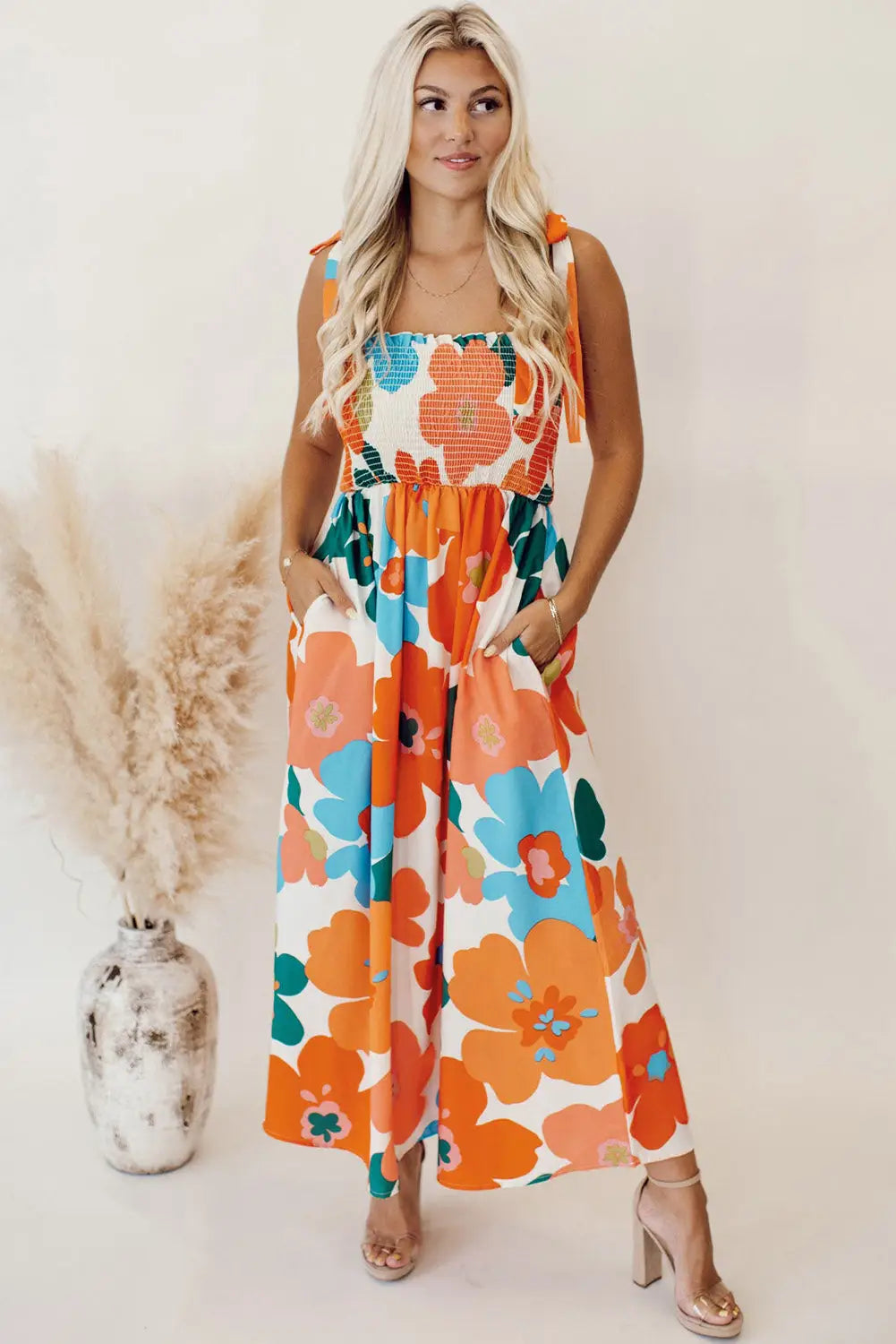 Orange floral self tied straps smocked bust maxi dress - dresses