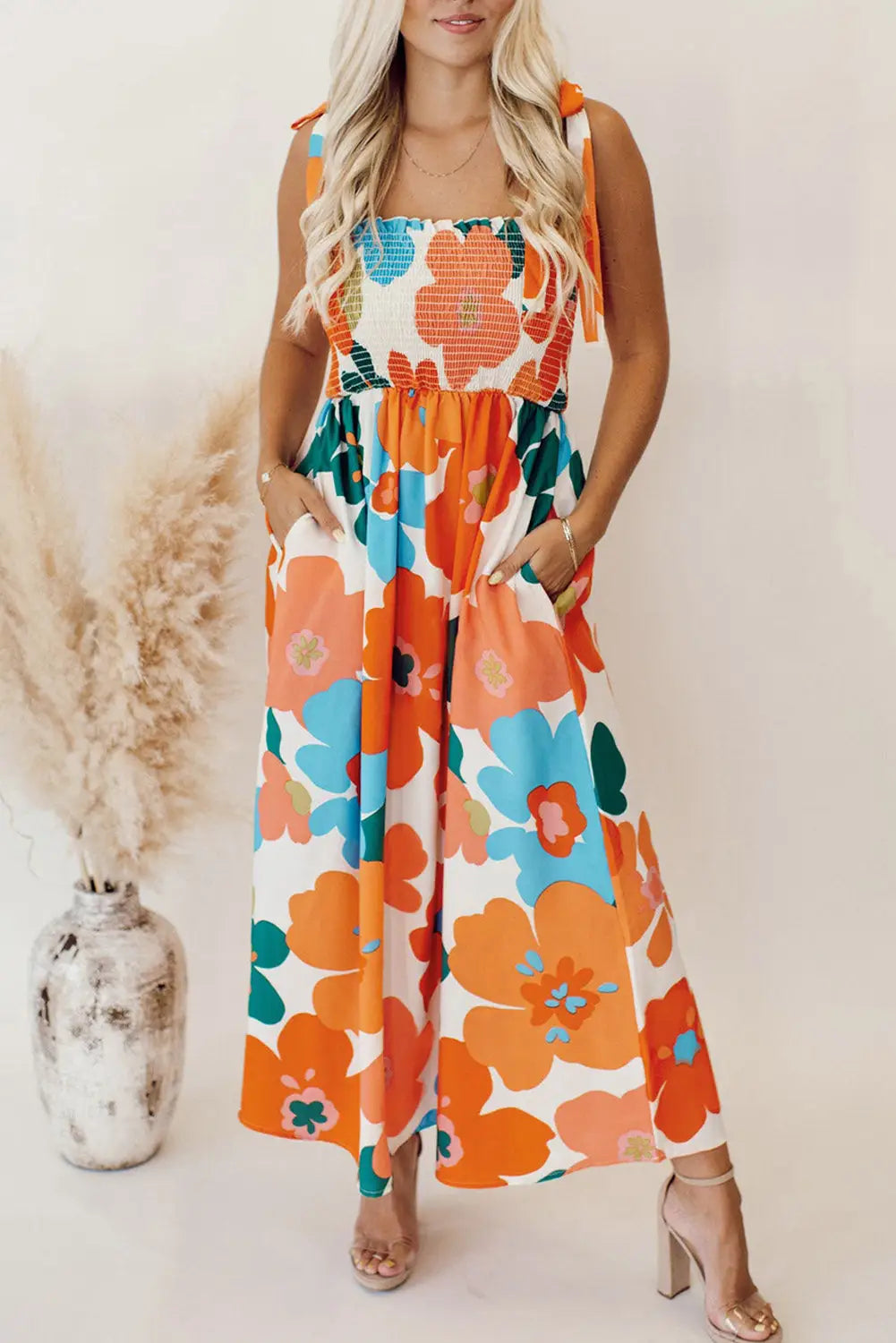 Orange floral self tied straps smocked bust maxi dress - l / 100% polyester - dresses
