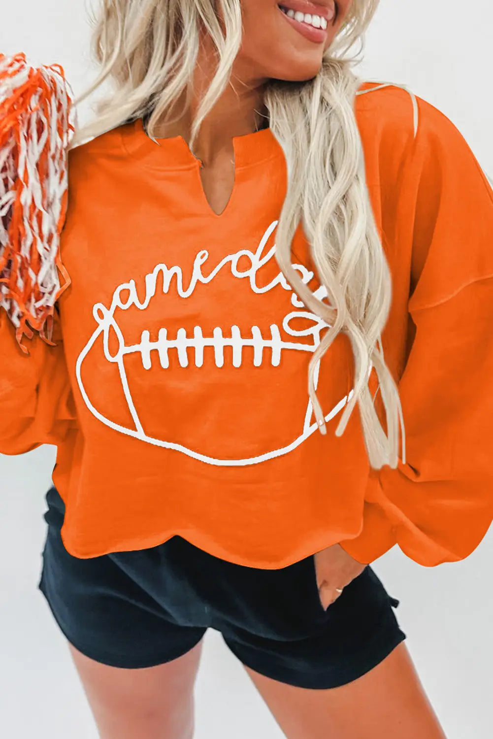 Orange game day lettering rugby notched neck sweatshirt - s / 65% polyester + 35% cotton - sweatshirts & hoodies