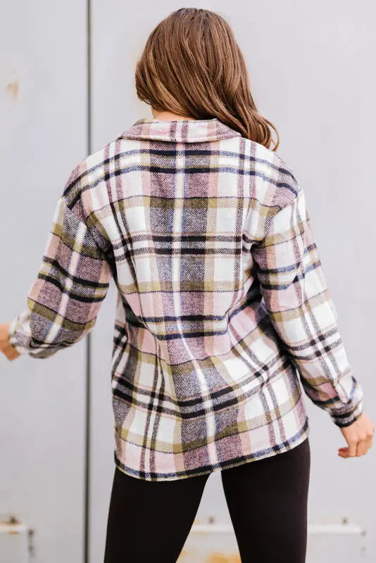 Orange geometric plaid print pocketed shacket - shackets